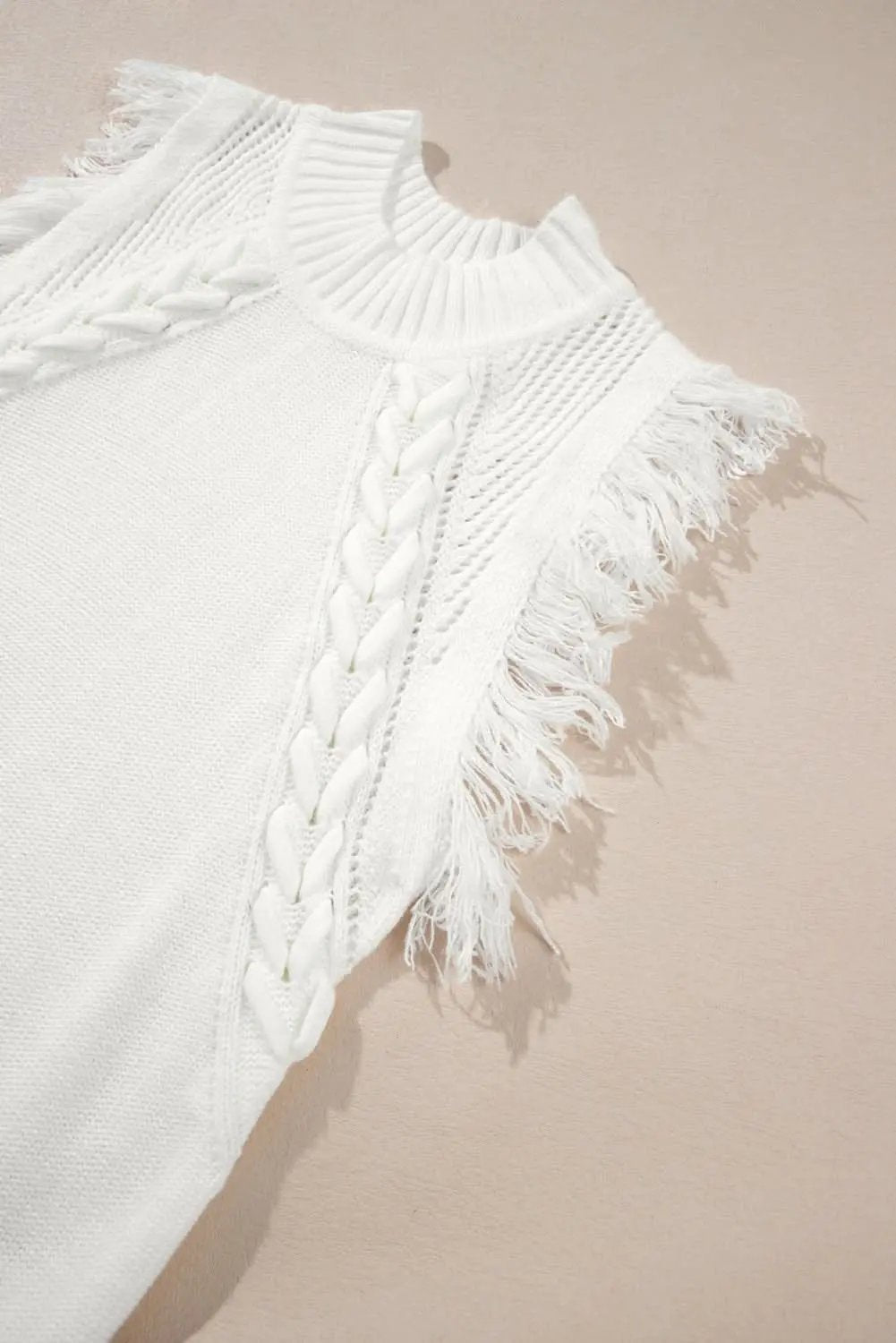 White Woven Tasseled Sleeveless Mock Neck Sweater Vest - Love Salve 