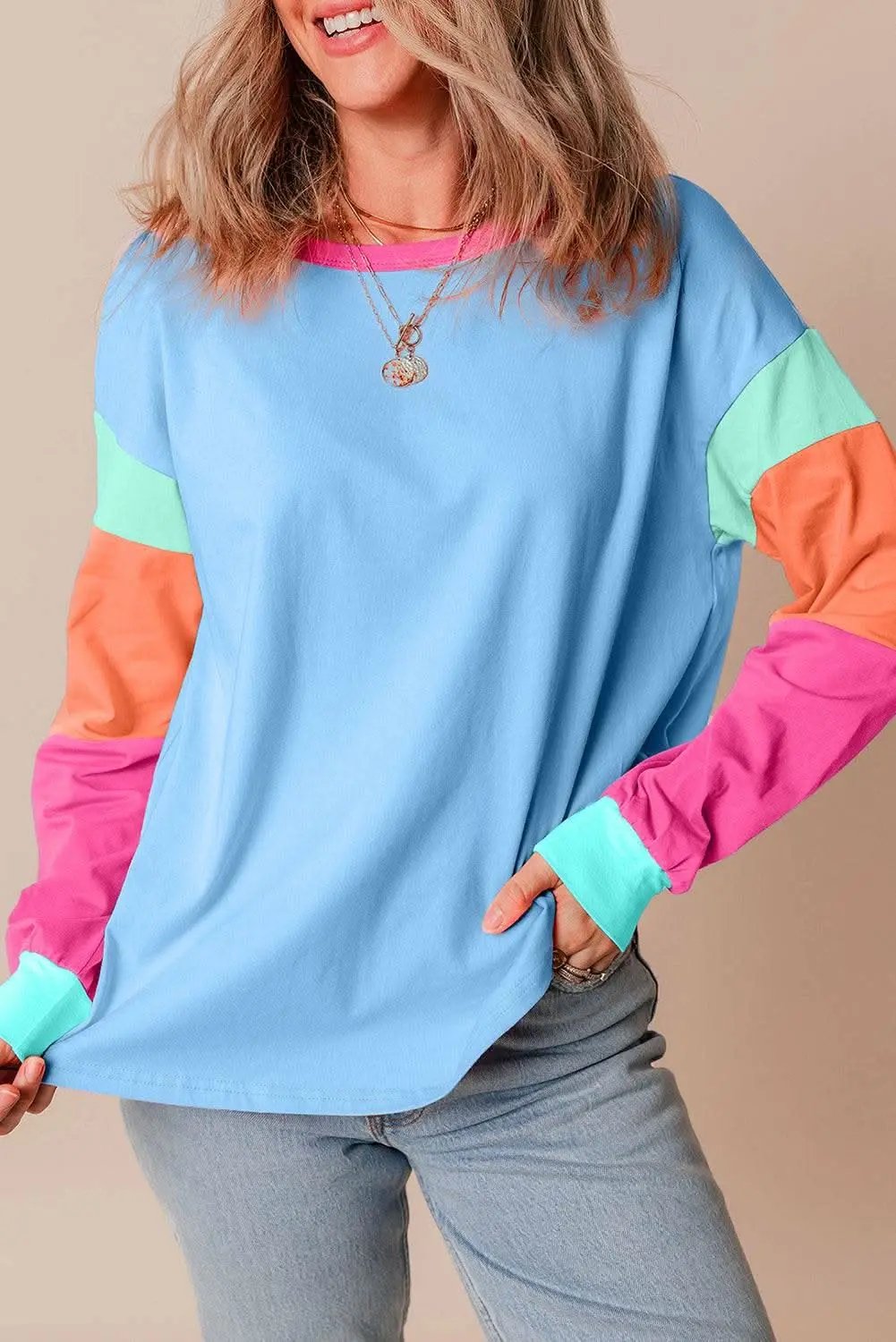 Colorblock Long Sleeve Top - Dark Blue - Love Salve 