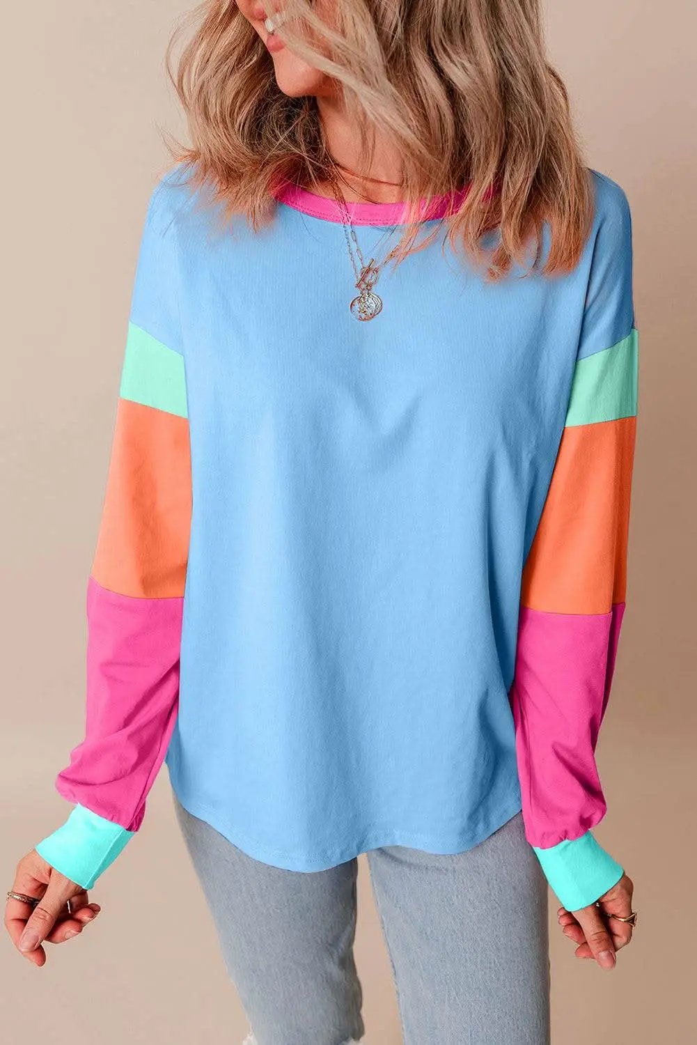 Colorblock Long Sleeve Top - Dark Blue - Love Salve 