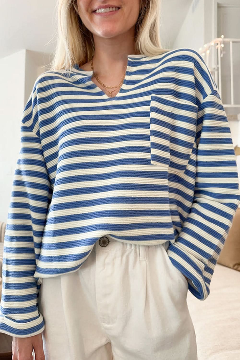 Sky Blue Striped V-Neck Top - Love Salve 