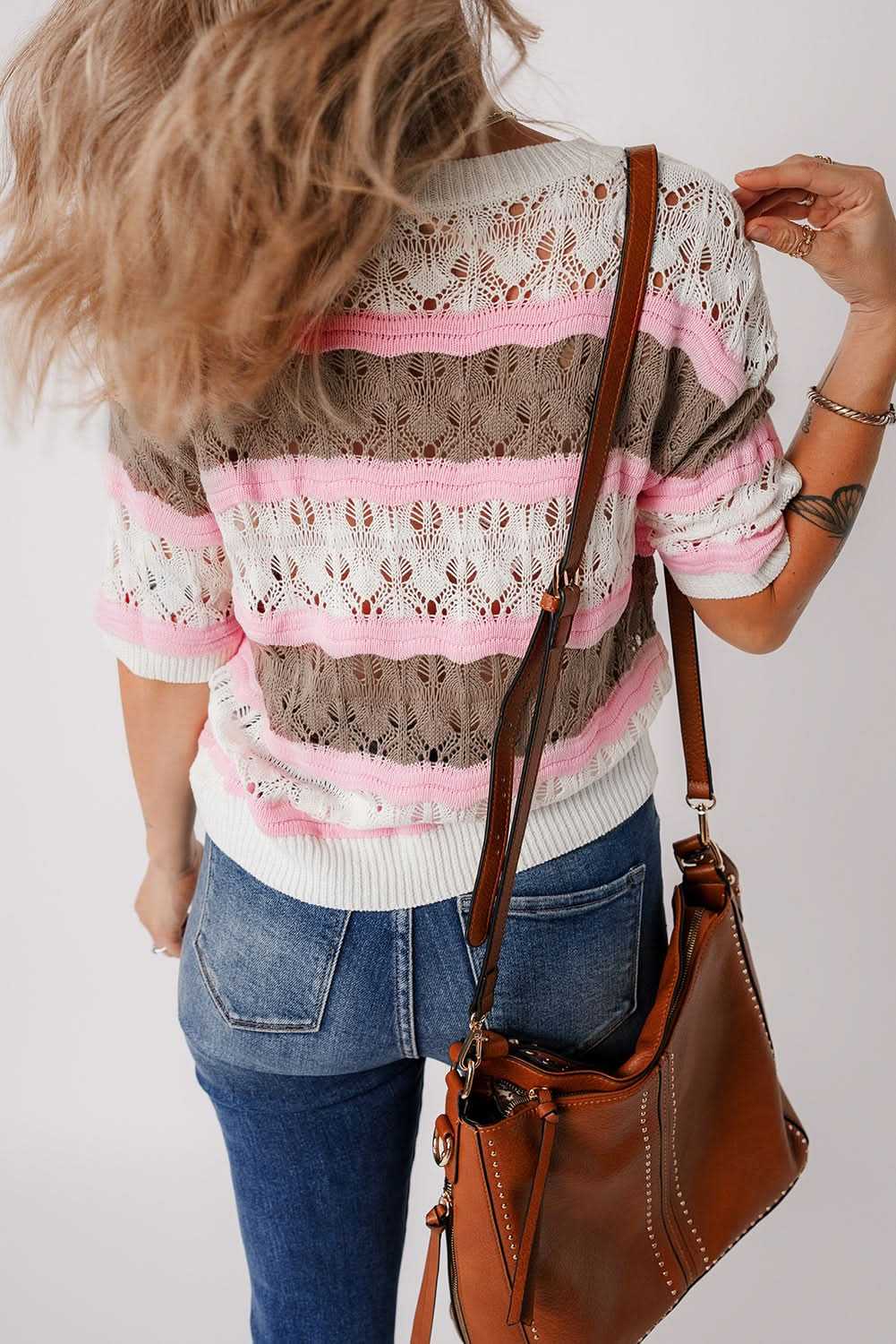 Elegant brown striped crochet sweater - Love Salve 