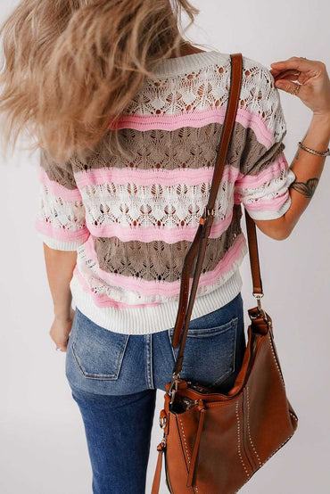 Elegant brown striped crochet sweater - Love Salve 