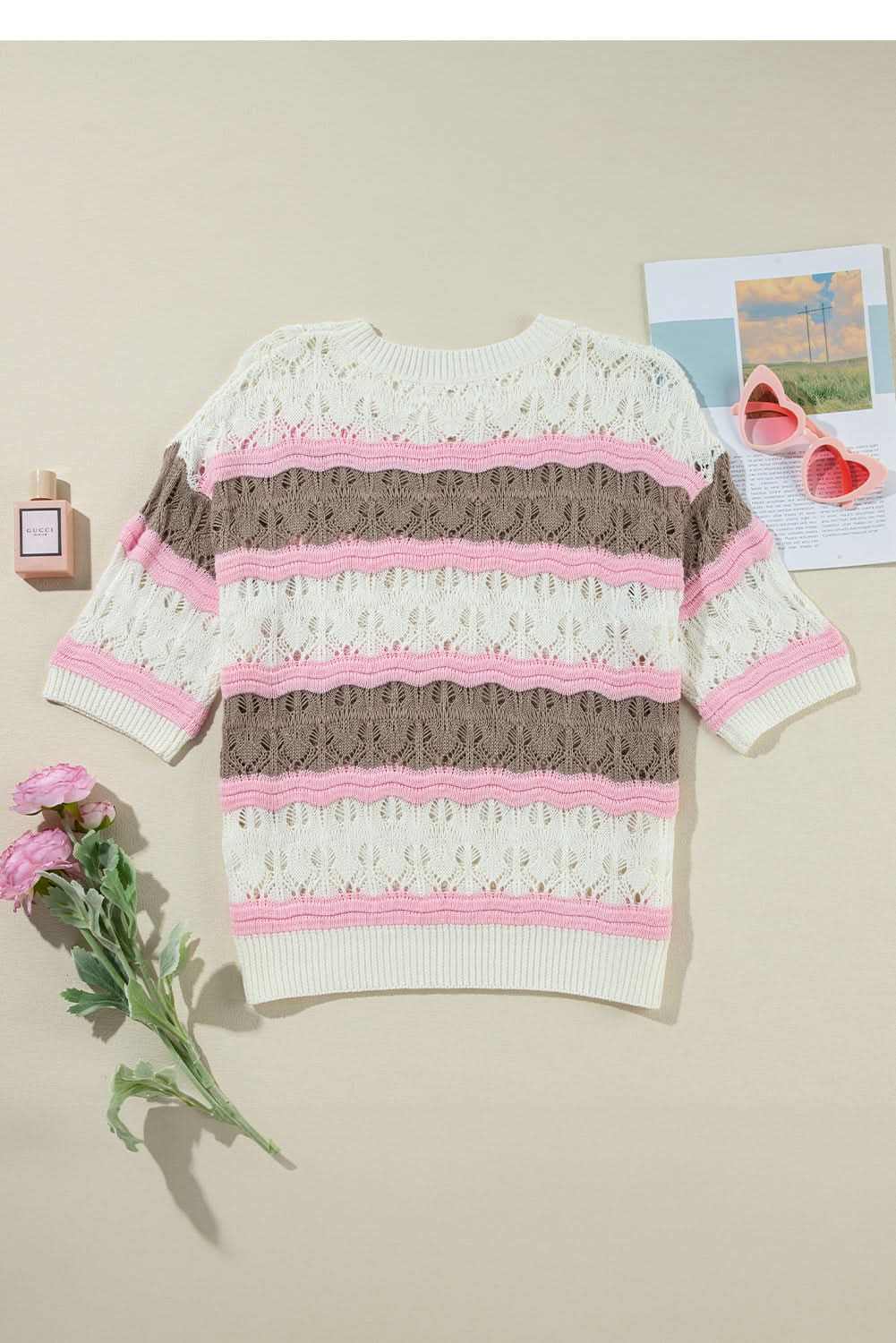 Elegant brown striped crochet sweater - Love Salve 