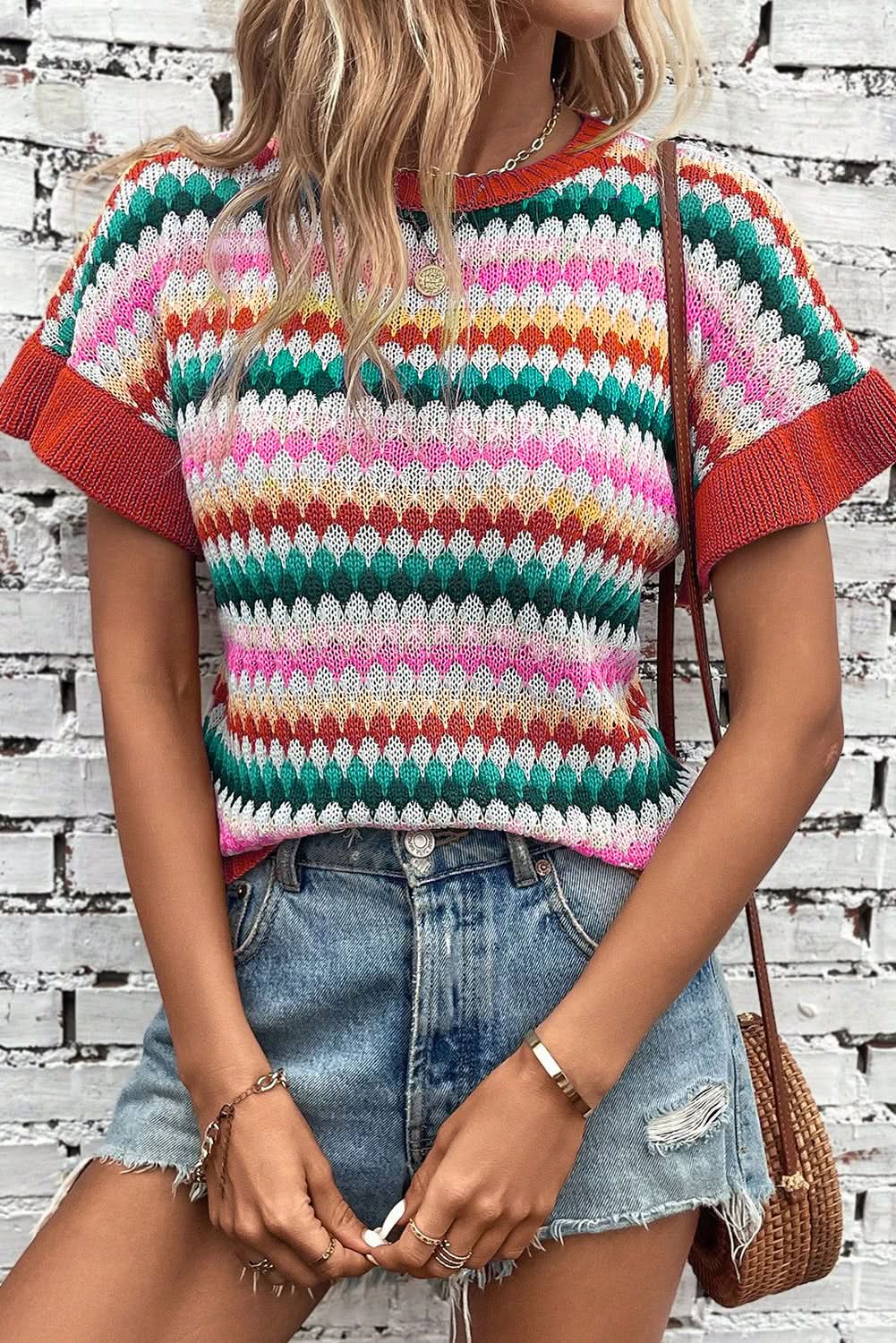 Fiery Red Trimmed Ruffle Sleeve Colorful Textured Sweater - Love Salve 