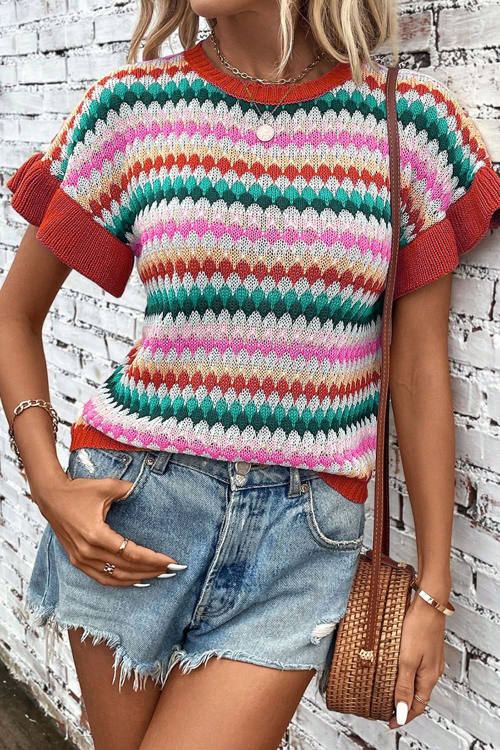 Fiery Red Trimmed Ruffle Sleeve Colorful Textured Sweater - Love Salve 