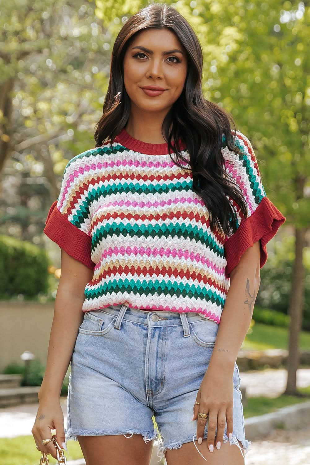 Fiery Red Trimmed Ruffle Sleeve Colorful Textured Sweater - Love Salve 