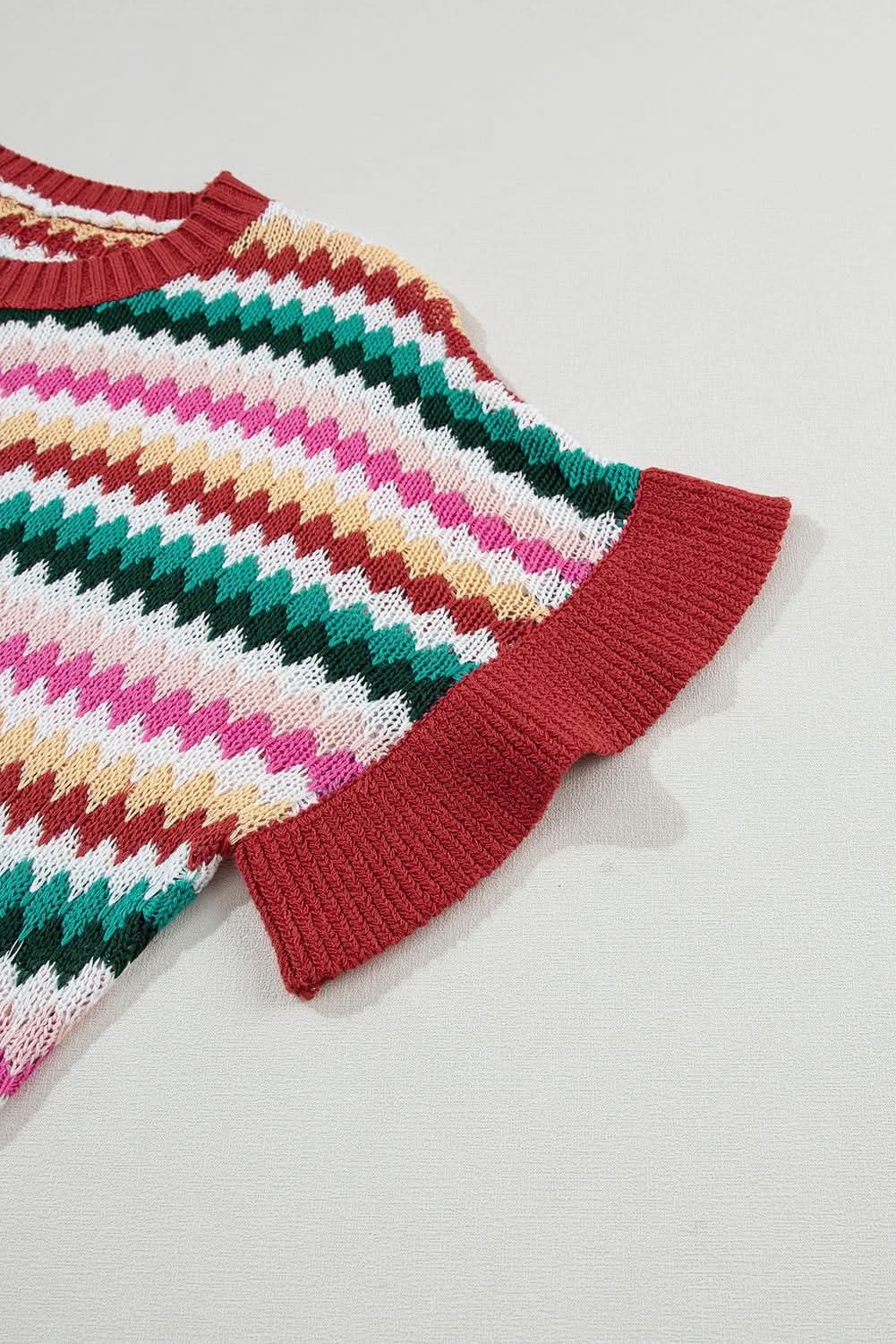 Fiery Red Trimmed Ruffle Sleeve Colorful Textured Sweater - Love Salve 