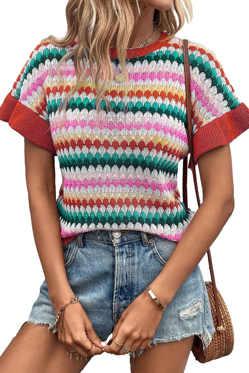 Fiery Red Trimmed Ruffle Sleeve Colorful Textured Sweater - Love Salve 