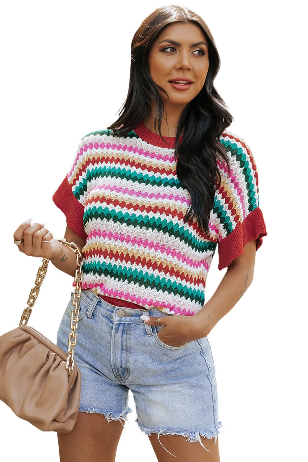 Fiery Red Trimmed Ruffle Sleeve Colorful Textured Sweater - Love Salve 