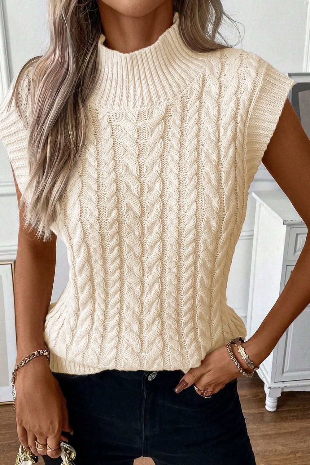 Oatmeal Cable Knit High Neck Sweater Vest - Love Salve 