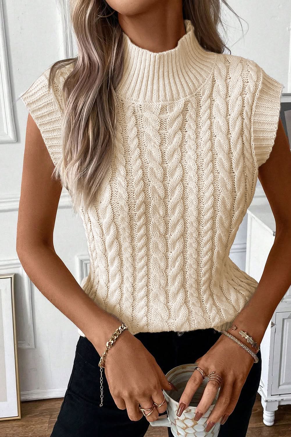 Oatmeal Cable Knit High Neck Sweater Vest - Love Salve 