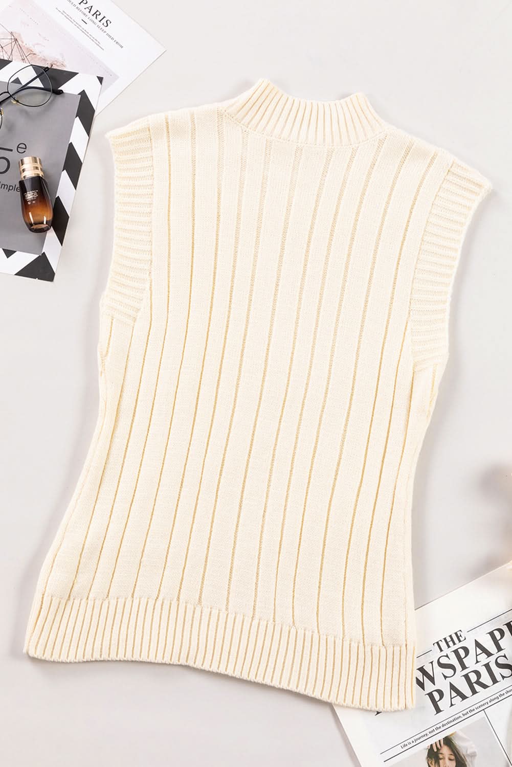 Oatmeal Cable Knit High Neck Sweater Vest - Love Salve 