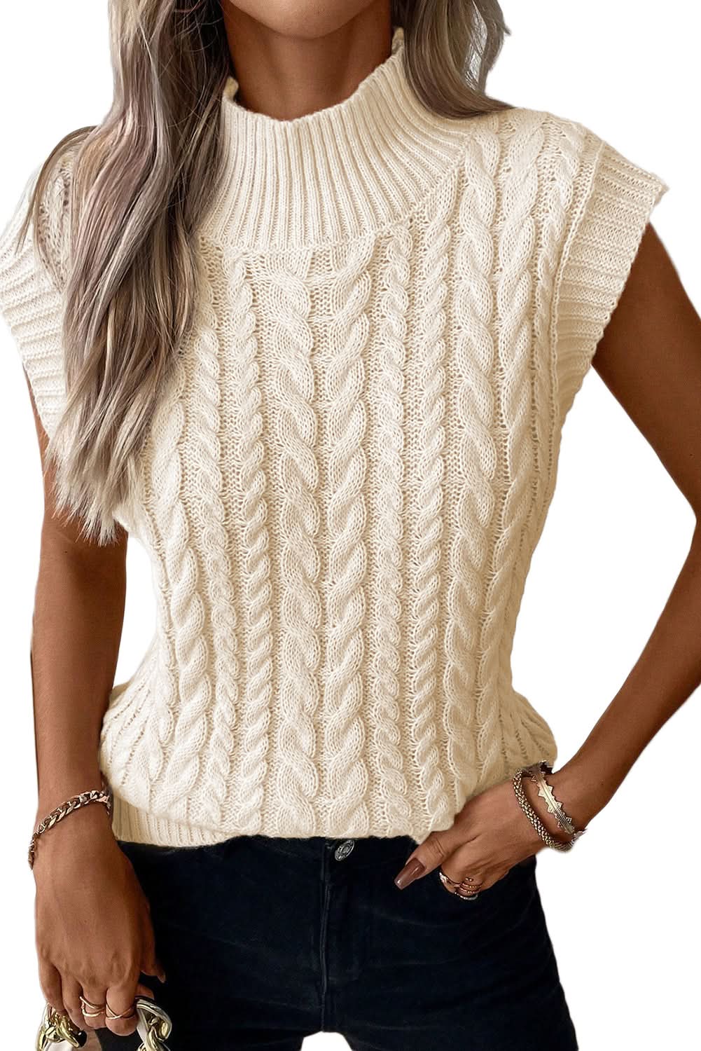 Oatmeal Cable Knit High Neck Sweater Vest - Love Salve 