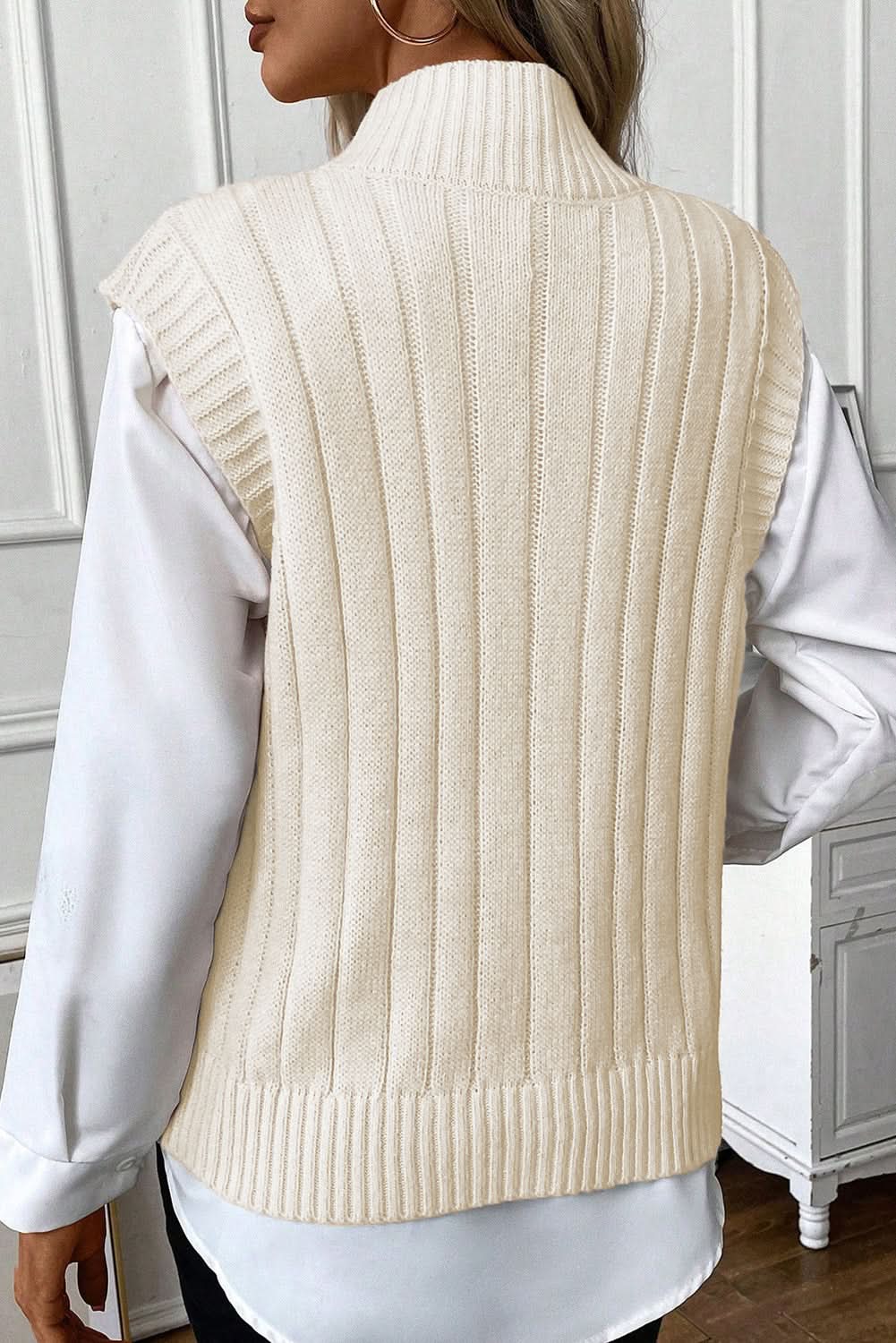 Oatmeal Cable Knit High Neck Sweater Vest - Love Salve 