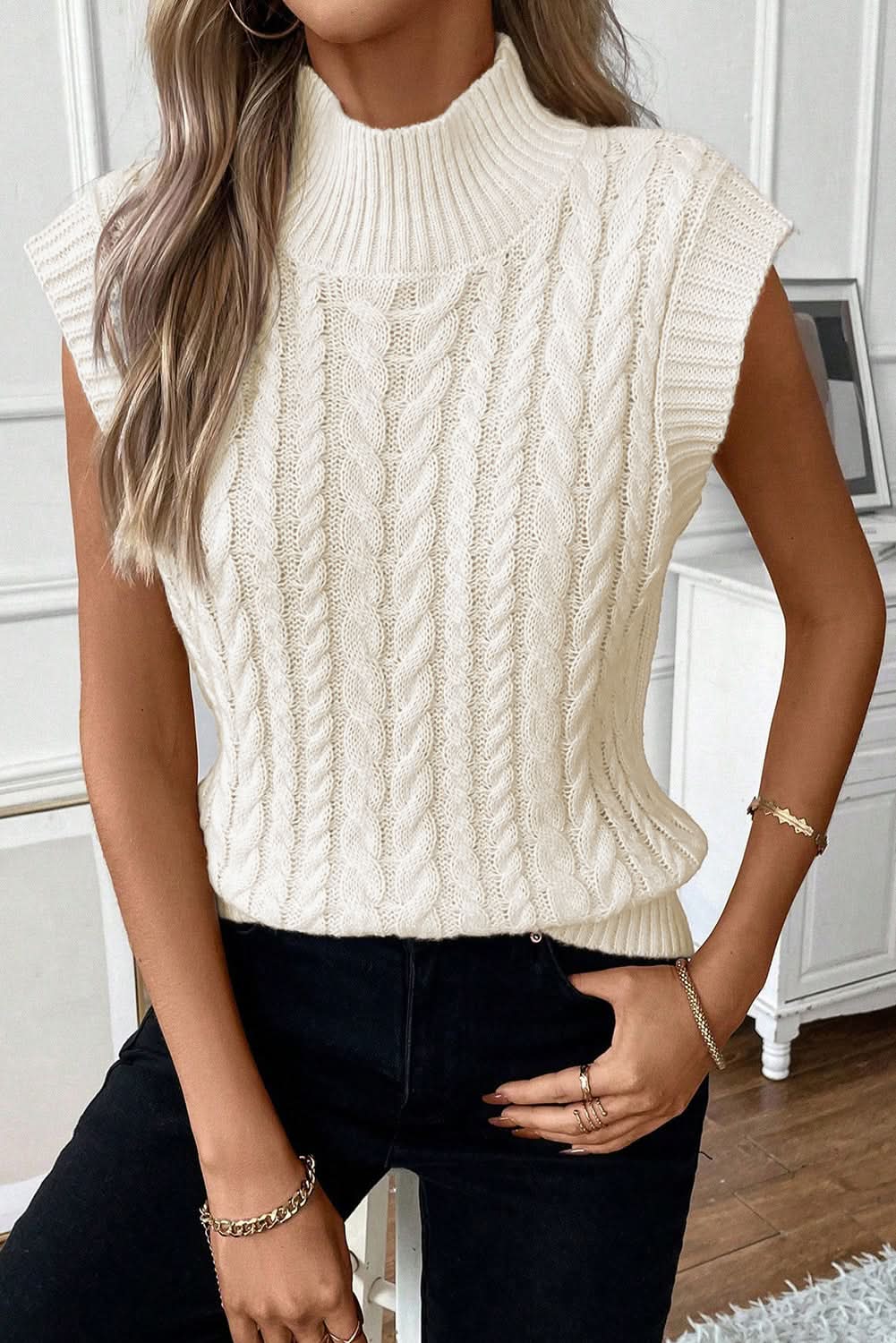 Oatmeal Cable Knit High Neck Sweater Vest - Love Salve 