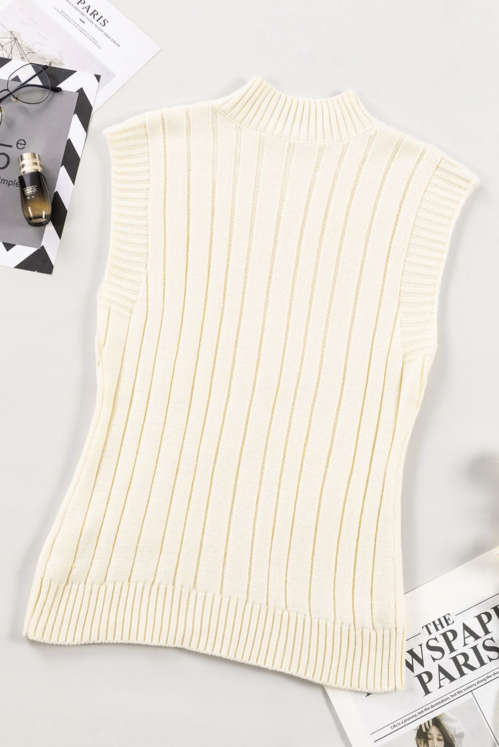 Oatmeal Cable Knit High Neck Sweater Vest - Love Salve 