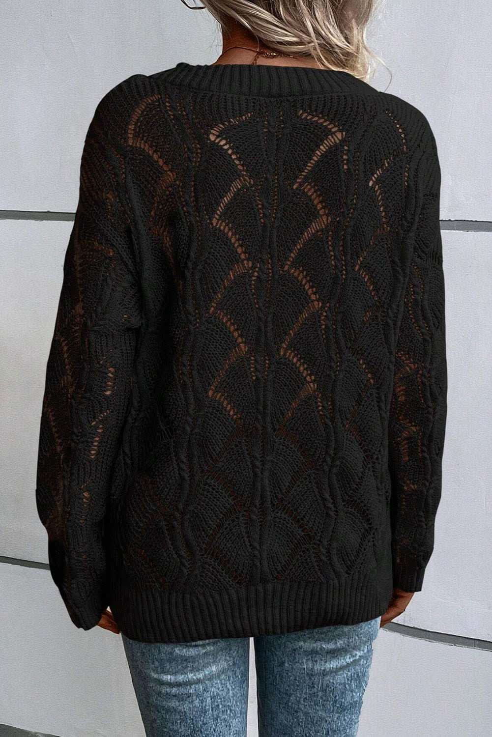 Chic black hollow knit v-neck sweater - Love Salve 