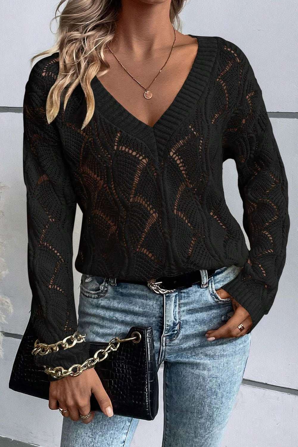 Chic black hollow knit v-neck sweater - Love Salve 