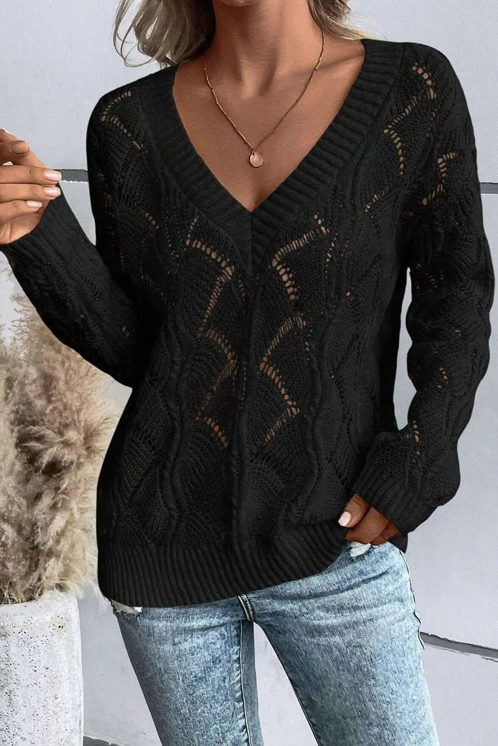 Chic black hollow knit v-neck sweater - Love Salve 