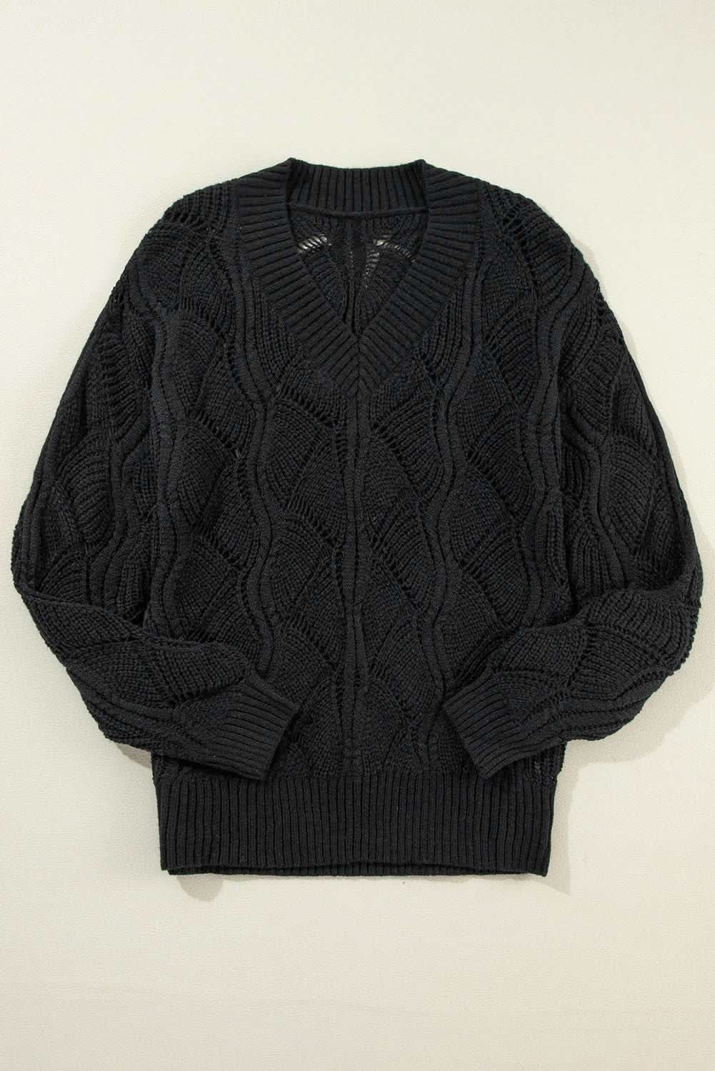Chic black hollow knit v-neck sweater - Love Salve 