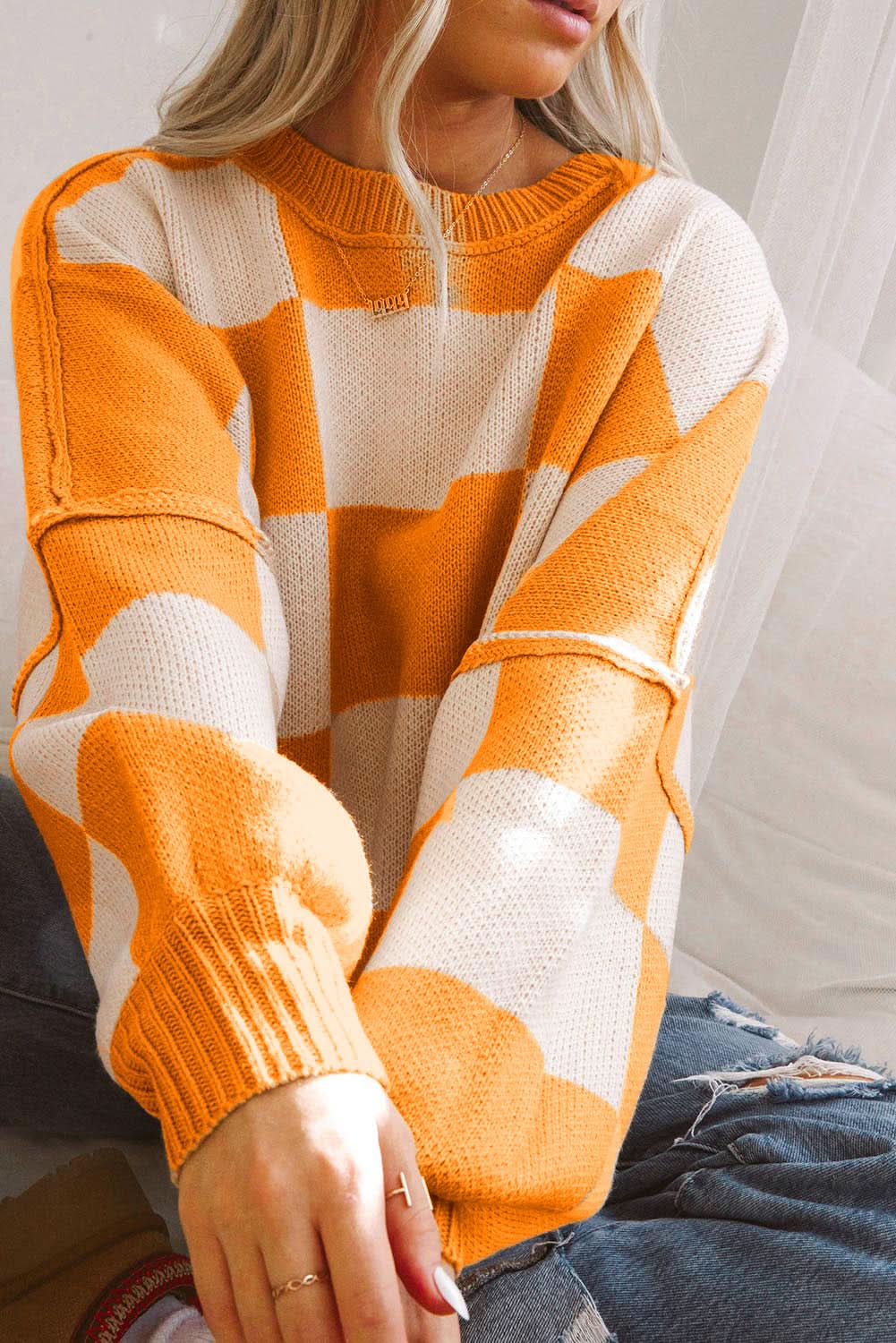 Orange Checkered Bishop Sleeve Sweater - Love Salve 