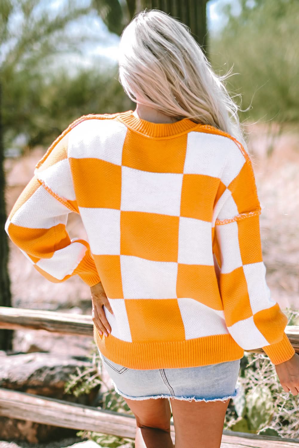 Orange Checkered Bishop Sleeve Sweater - Love Salve 