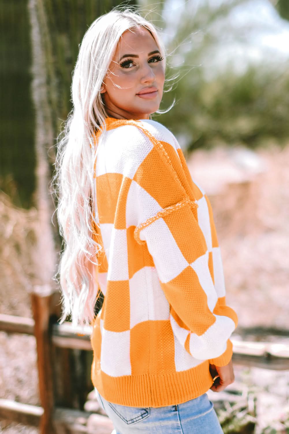 Orange Checkered Bishop Sleeve Sweater - Love Salve 
