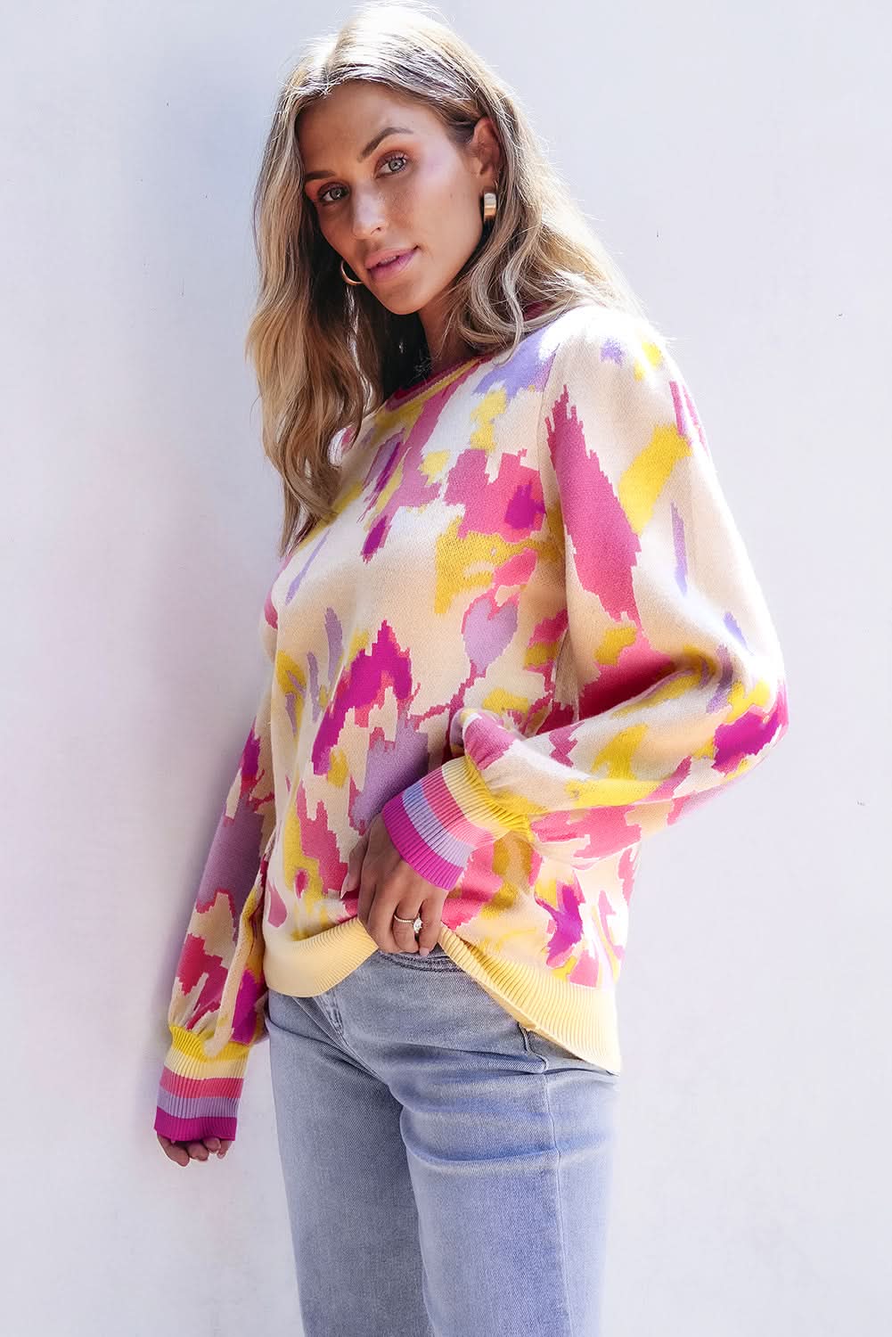 Khaki colorblock balloon sleeve sweater 