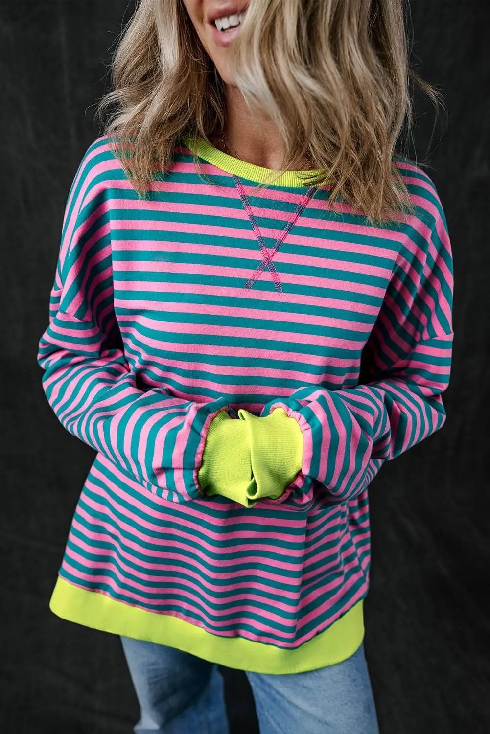 Trendy oversized green striped pullover - Love Salve 