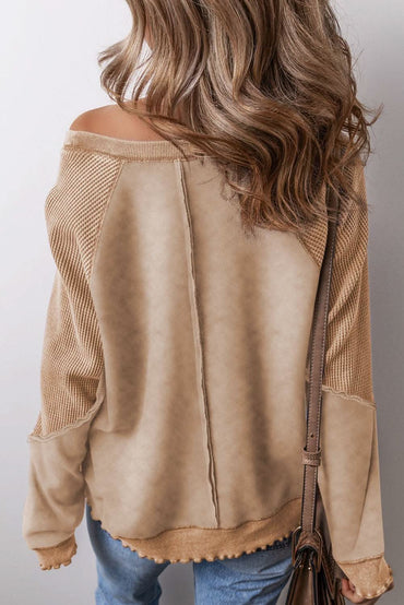 Chic light beige waffle knit sweatshirt - Love Salve 