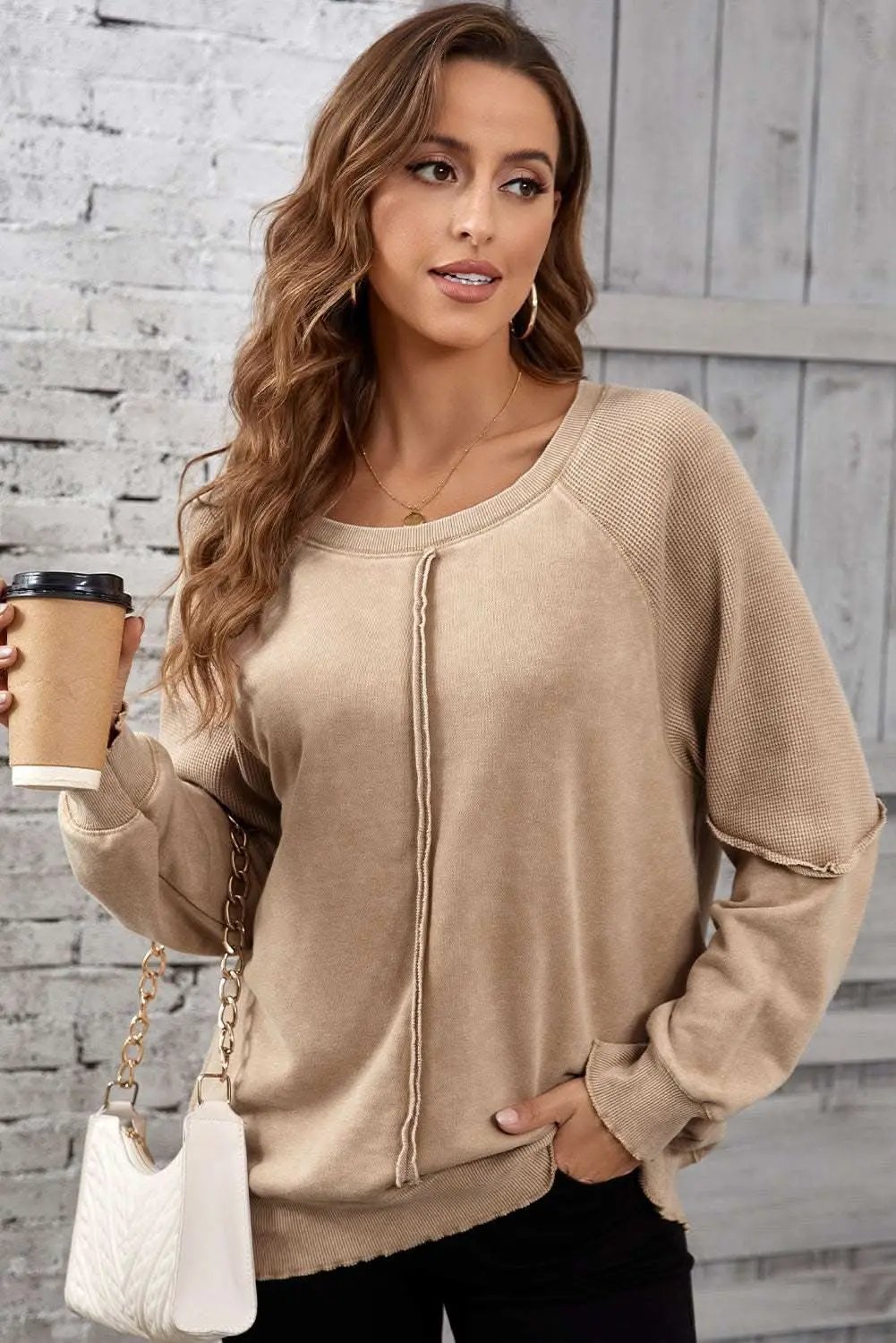 Chic light beige waffle knit sweatshirt - Love Salve 
