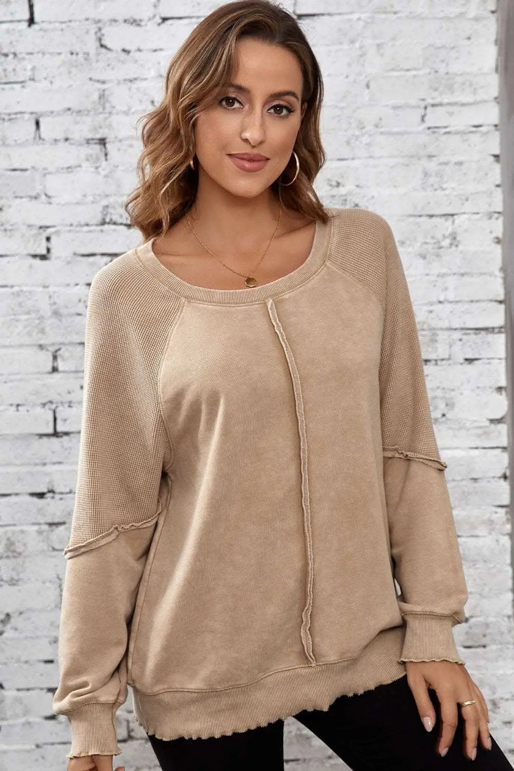 Chic light beige waffle knit sweatshirt - Love Salve 