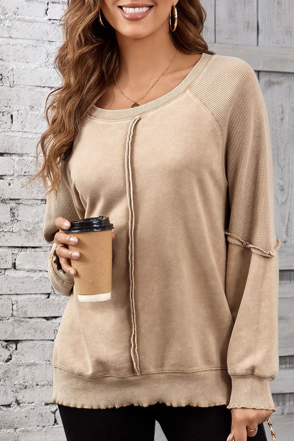 Chic light beige waffle knit sweatshirt - Love Salve 