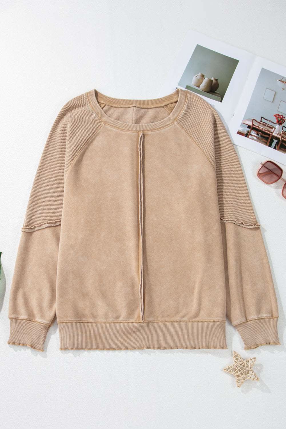 Chic light beige waffle knit sweatshirt - Love Salve 