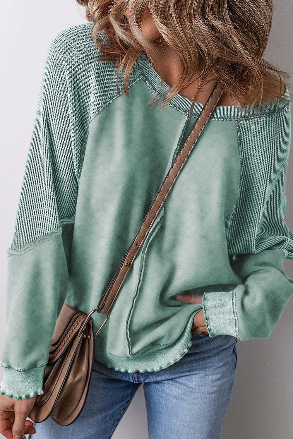 Mineral blue waffle knit sweatshirt - Love Salve 