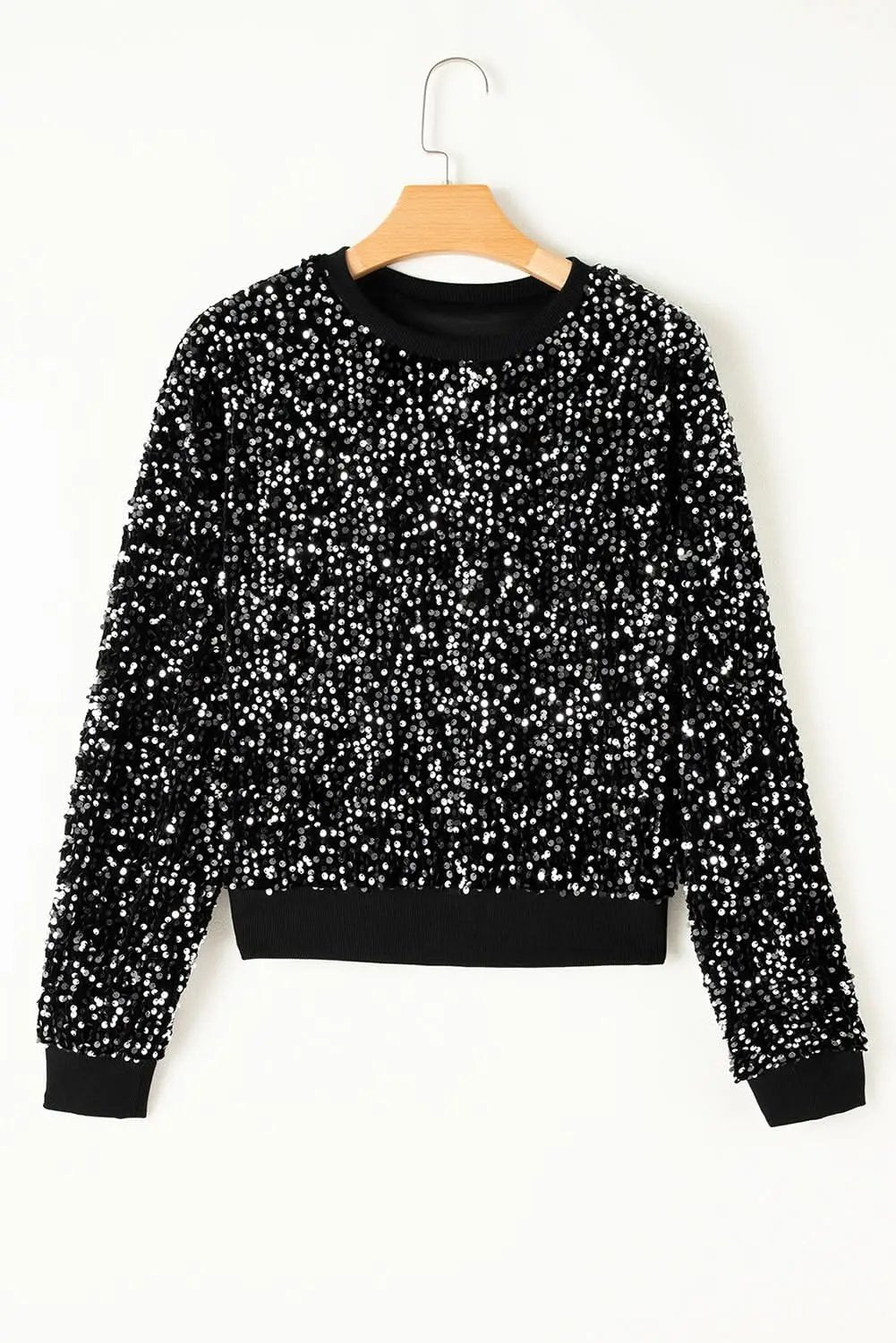 Black Sequined Long Sleeve Crew Neck Cropped Blouse - Love Salve 