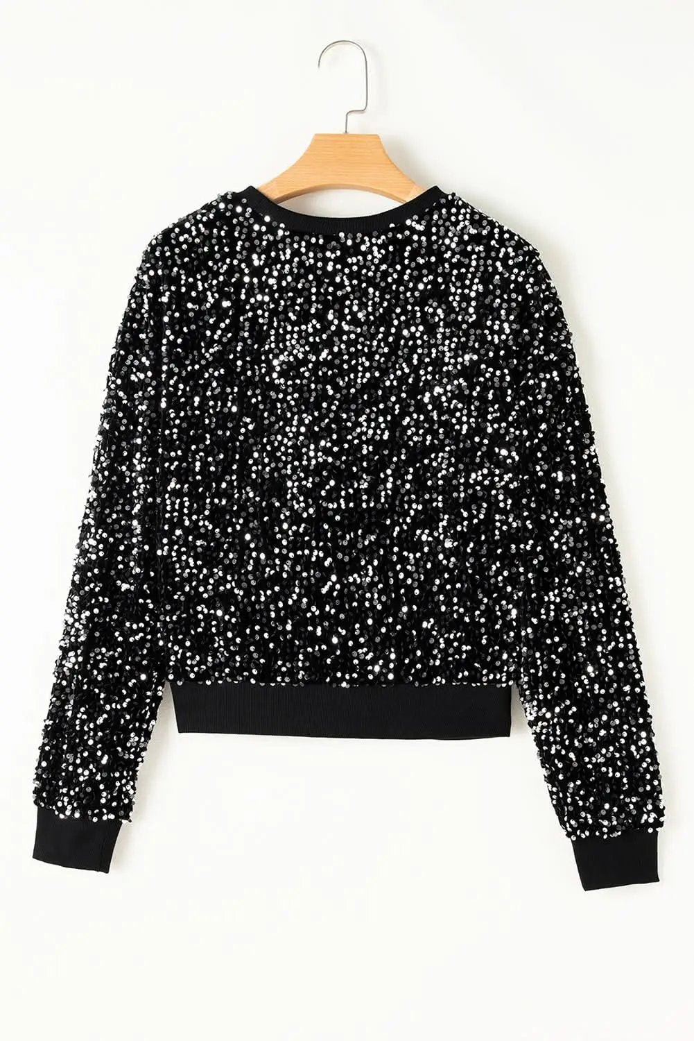 Black Sequined Long Sleeve Crew Neck Cropped Blouse - Love Salve 