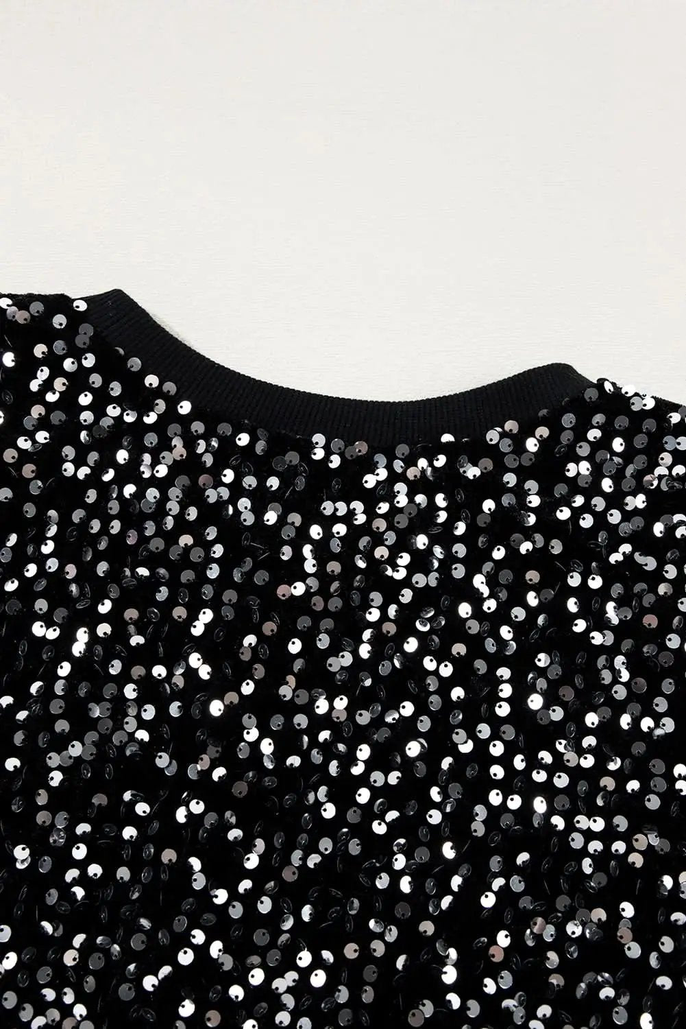 Black Sequined Long Sleeve Crew Neck Cropped Blouse - Love Salve 