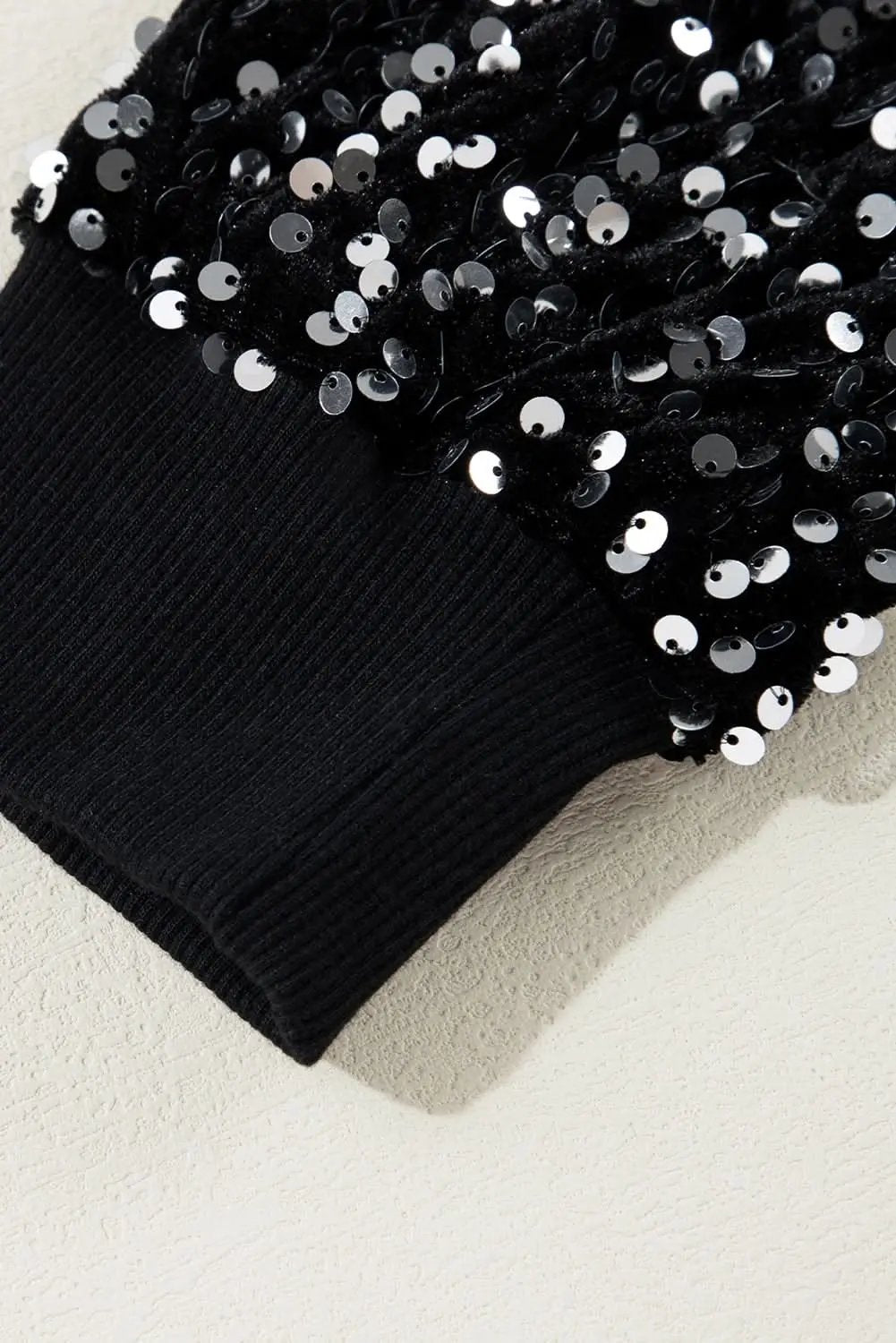 Black Sequined Long Sleeve Crew Neck Cropped Blouse - Love Salve 