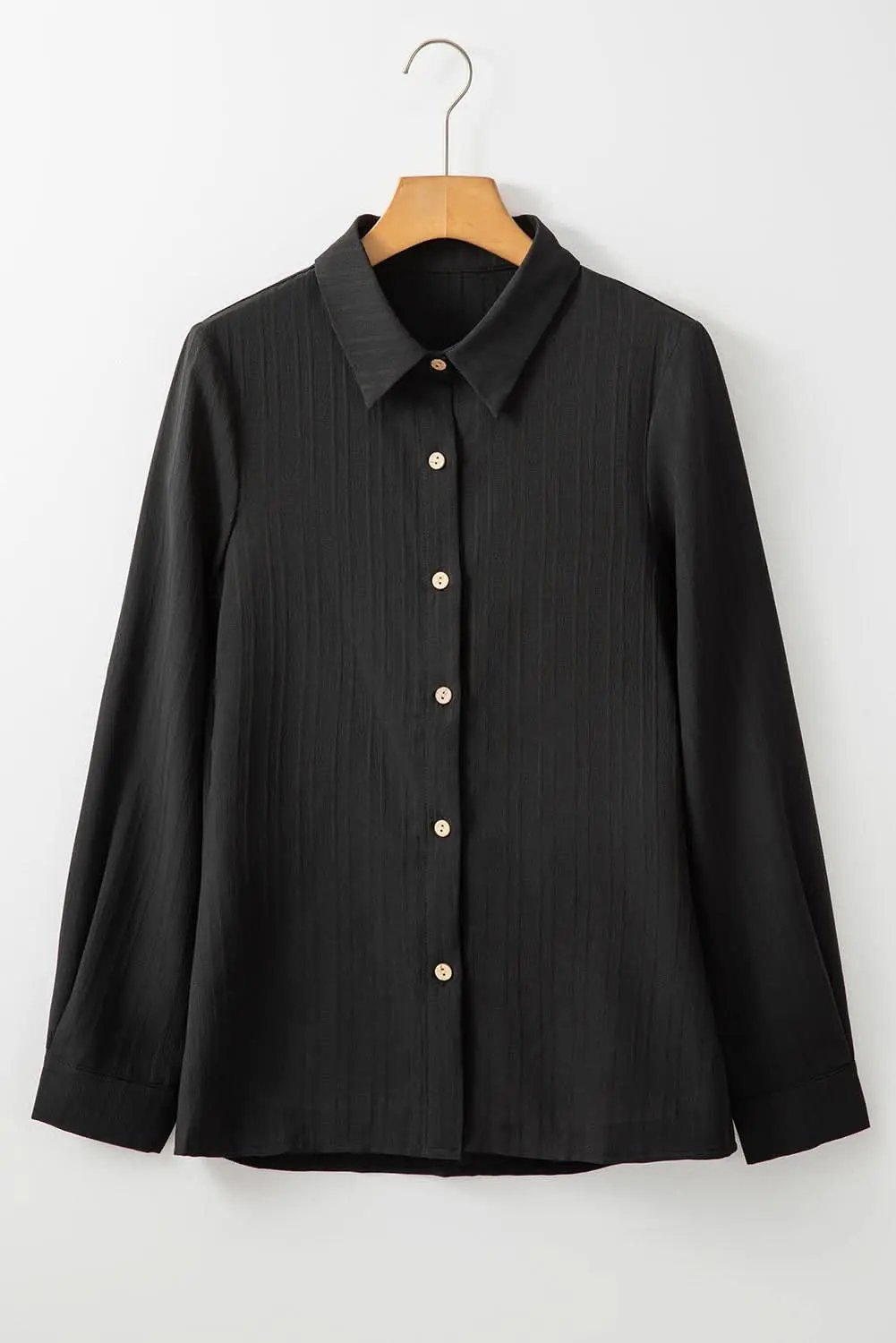 Black Solid Color Textured Buttoned Turn Down Collar Shirt - Love Salve 