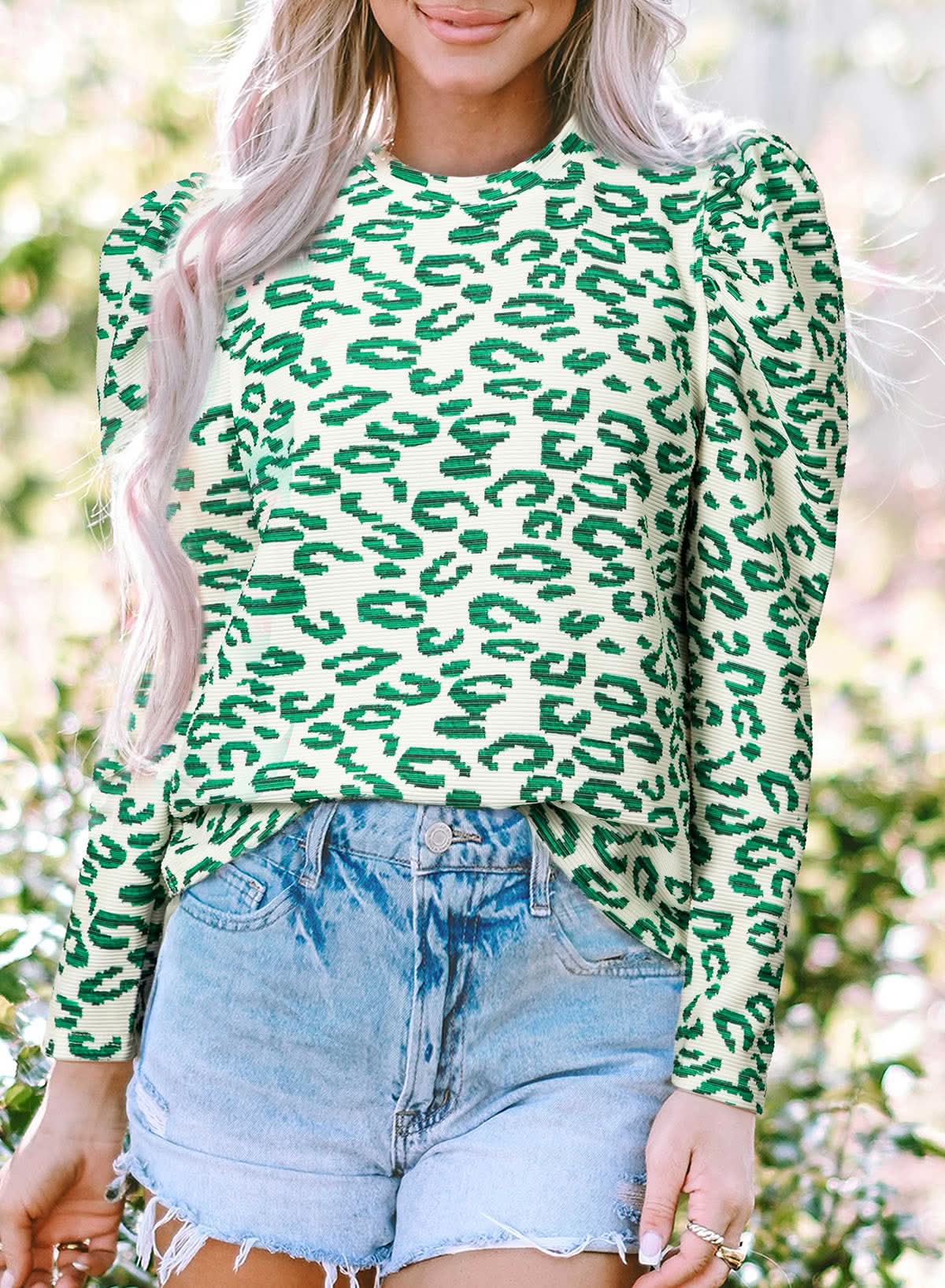 Blackish Green Leopard Print Mock Neck Puff Sleeve Top - Love Salve 
