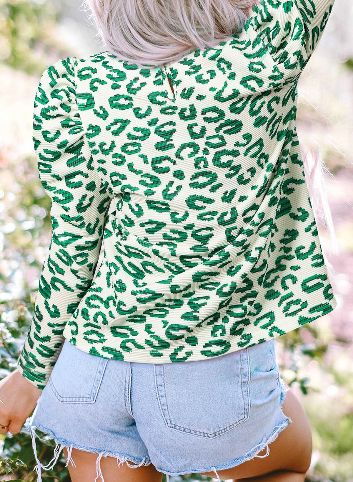 Blackish Green Leopard Print Mock Neck Puff Sleeve Top - Love Salve 