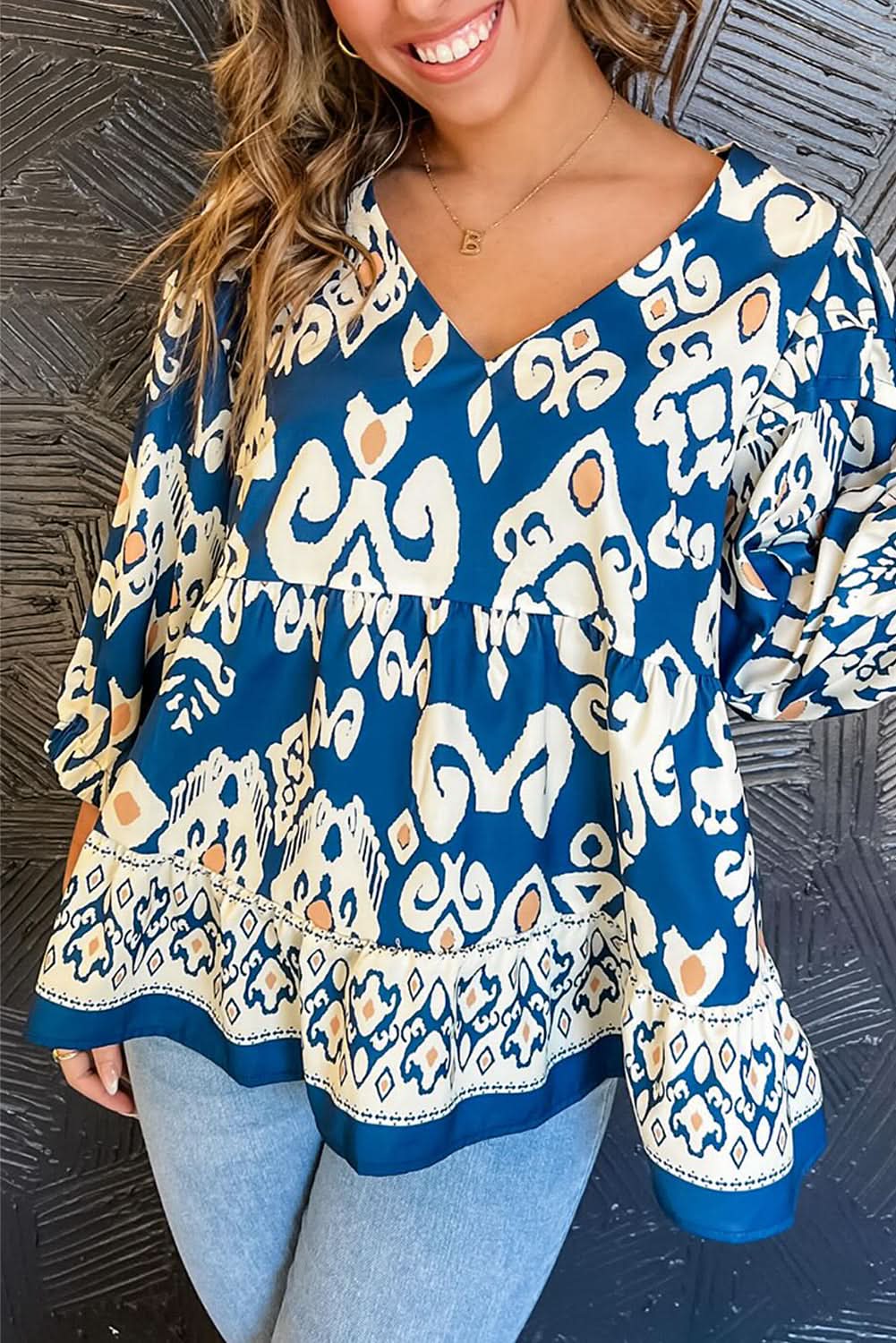 Blue Tribal Geometric Print 3/4 Sleeve Flowy Fit Blouse - Love Salve 