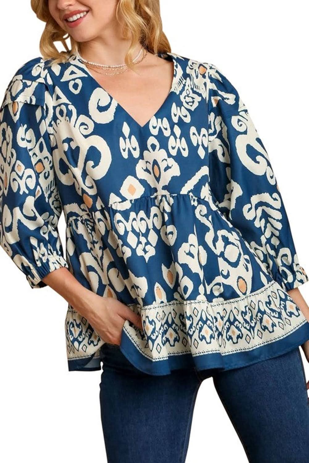 Blue Tribal Geometric Print 3/4 Sleeve Flowy Fit Blouse - Love Salve 