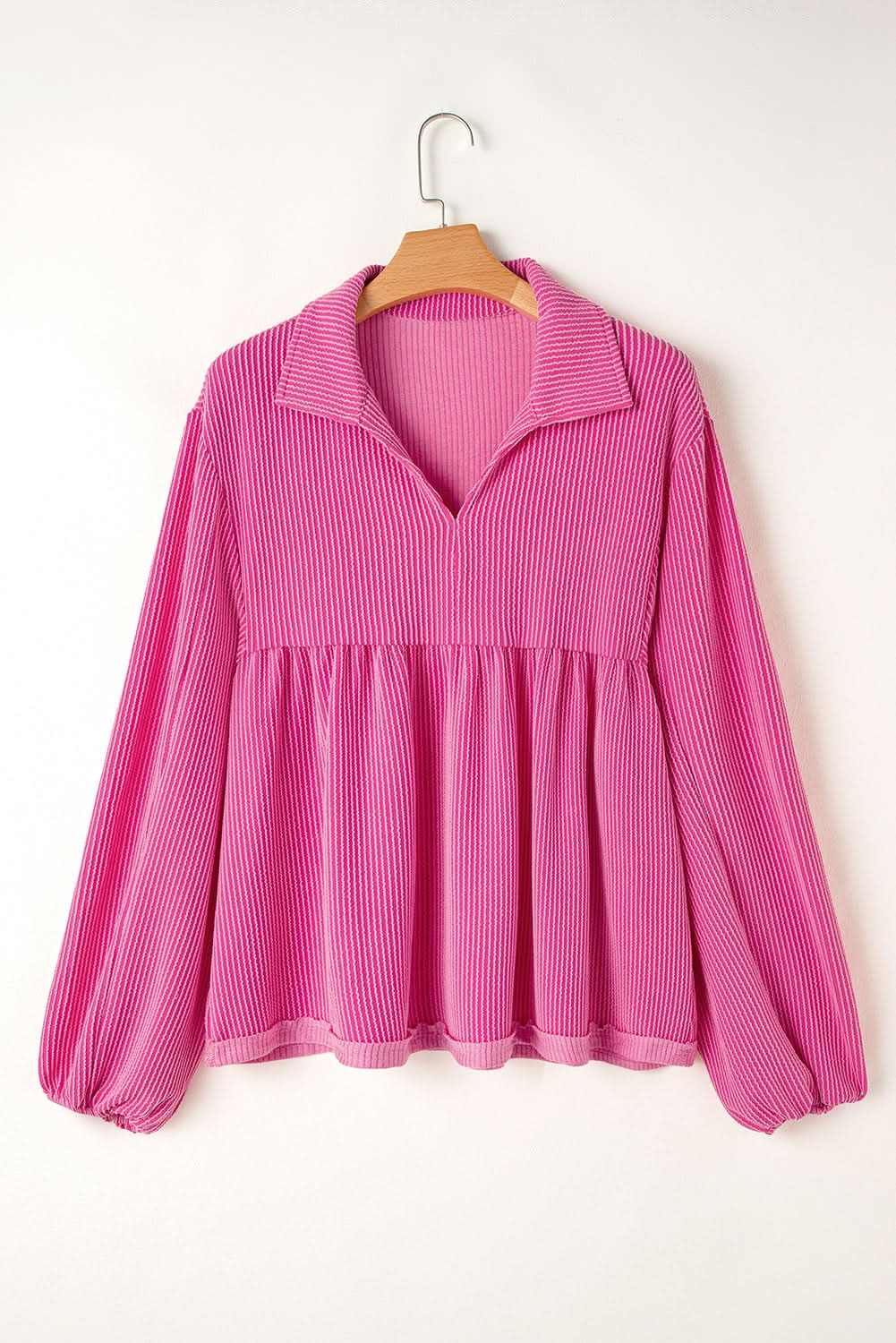 Bright Pink Corded Turn-down V Neck Bubble Sleeve Babydoll Blouse - Love Salve 