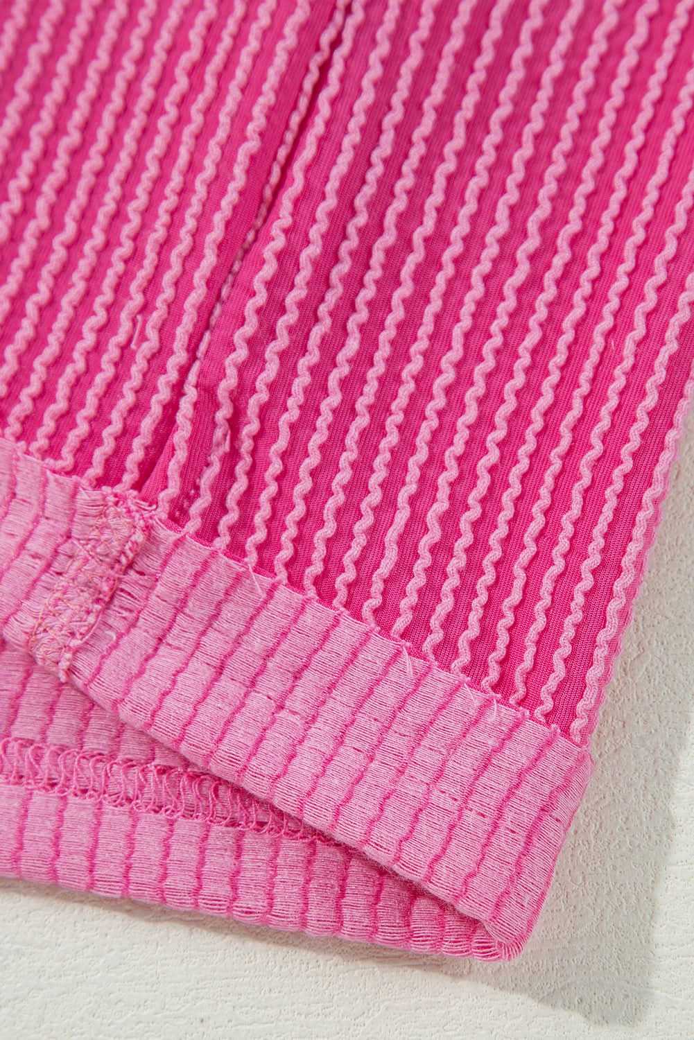 Bright Pink Corded Turn-down V Neck Bubble Sleeve Babydoll Blouse - Love Salve 