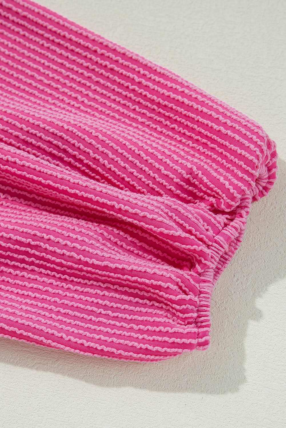 Bright Pink Corded Turn-down V Neck Bubble Sleeve Babydoll Blouse - Love Salve 