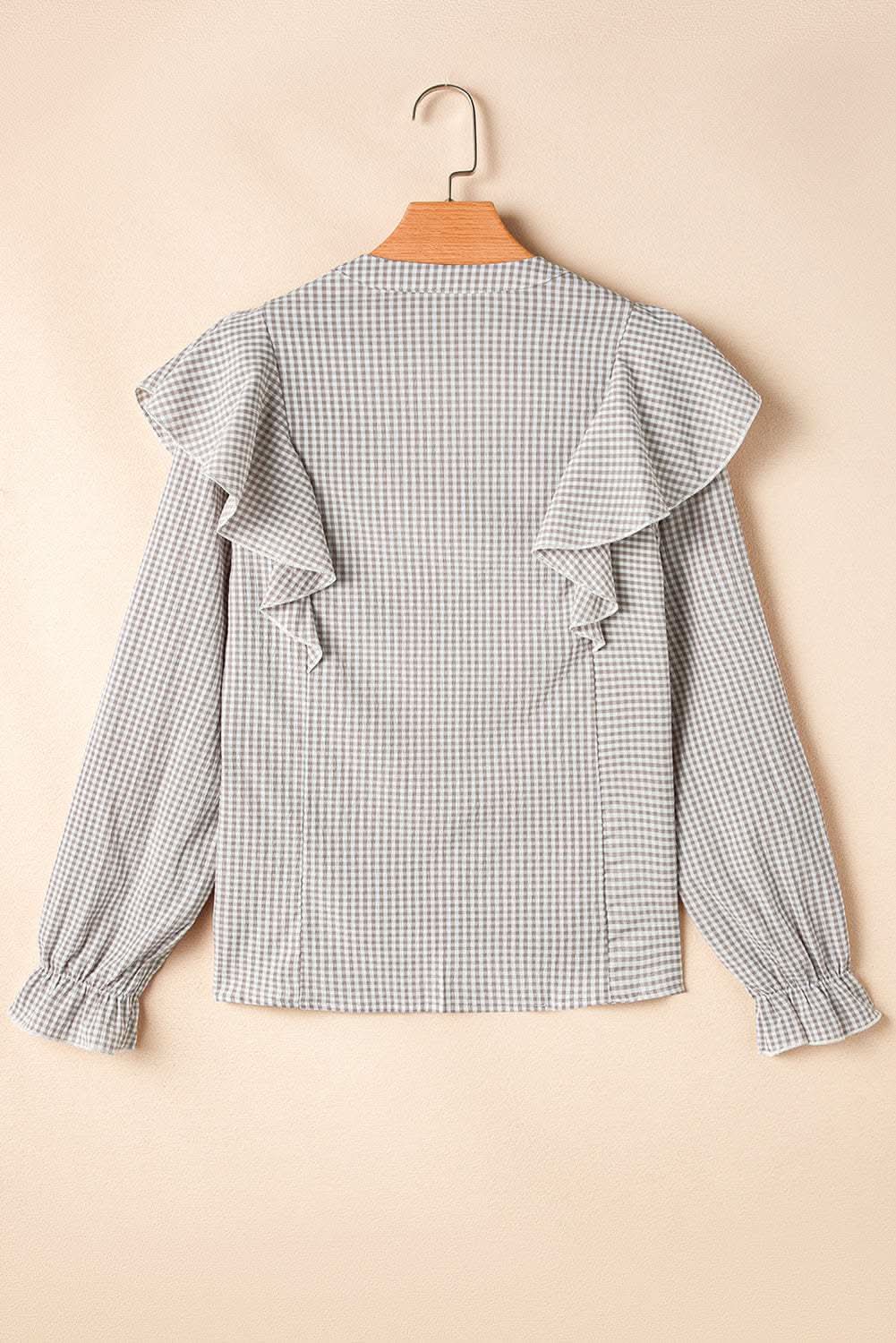 Brown Plaid Flounce Sleeve Notched Neck Ruffled Shirt - Love Salve 