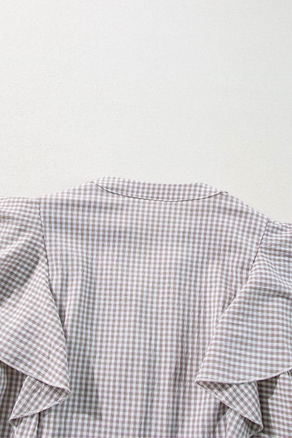 Brown Plaid Flounce Sleeve Notched Neck Ruffled Shirt - Love Salve 