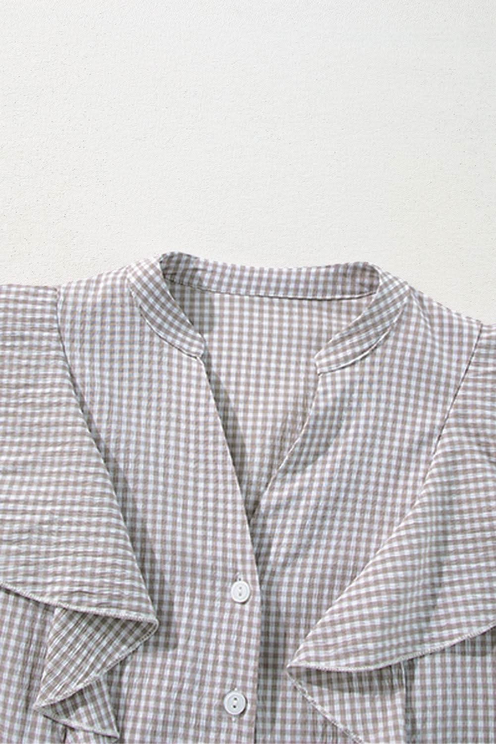 Brown Plaid Flounce Sleeve Notched Neck Ruffled Shirt - Love Salve 